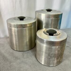 Spun Aluminum Nesting Canister Set of 3 Black Knobs Original Lids VTG 1950s